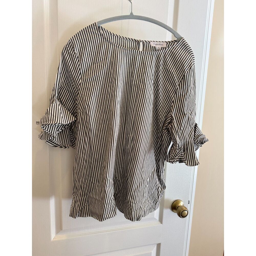 Calvin Klein Striped Ruffle Sleeve Blouse Top - Size XL